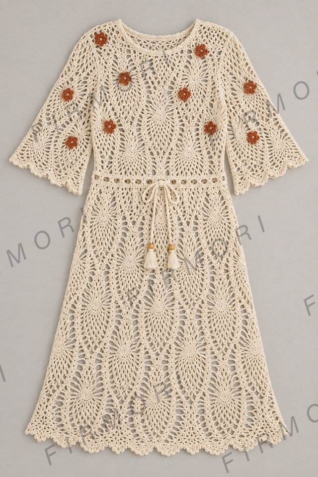A cream crochet midi dress with terracotta flowers and a tasselled tie belt, laid flat