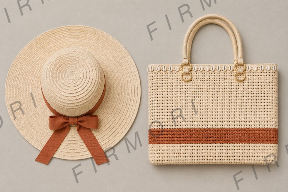 A cream straw sun hat with a terracotta bow beside a raffia tote with a terracotta stripe