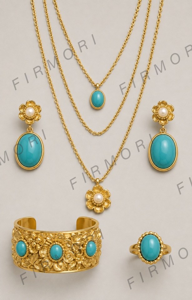 A gold jewellery set with turquoise stones and pearls: layered necklaces, drop earrings, a cuff and a ring