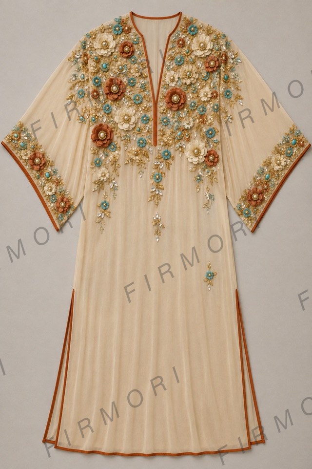 An embellished georgette kaftan with floral beading at the neckline and sleeves, laid flat
