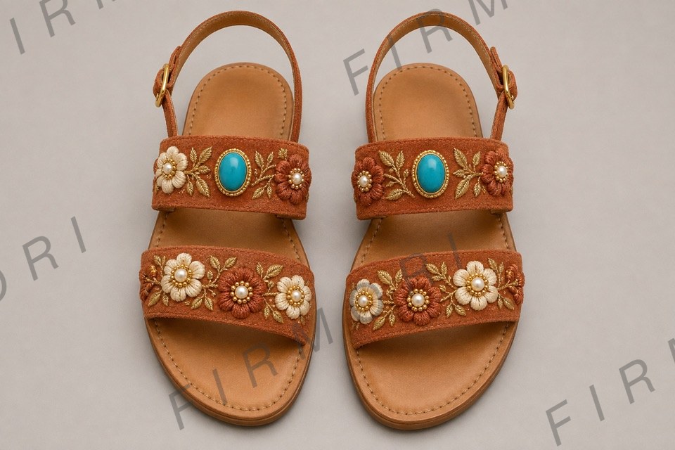 A pair of rust suede flat sandals embellished with cream flowers and turquoise stones