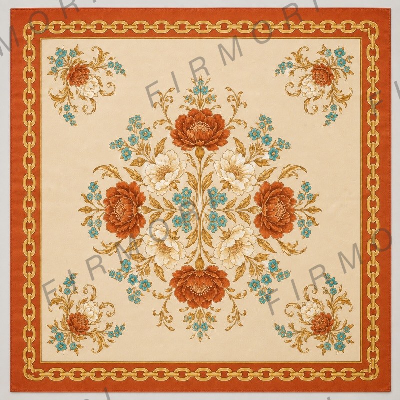 A square silk scarf with a botanical print in terracotta, cream and turquoise inside a gold chain border