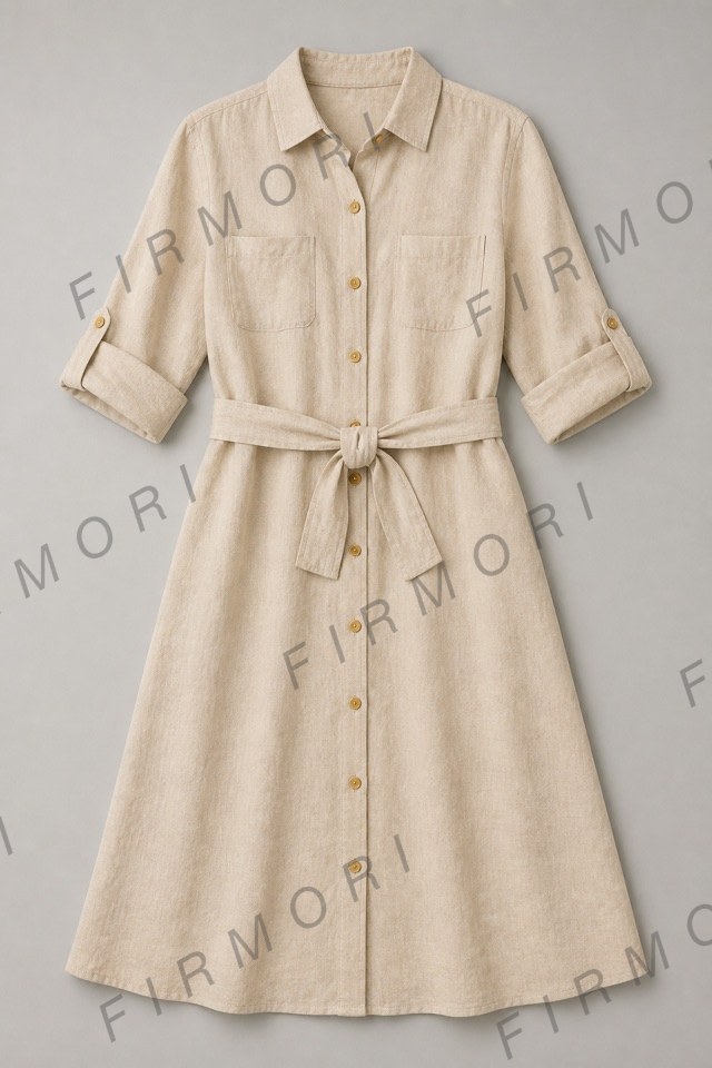 A washed sand linen shirt dress with gold buttons and a tie belt, laid flat