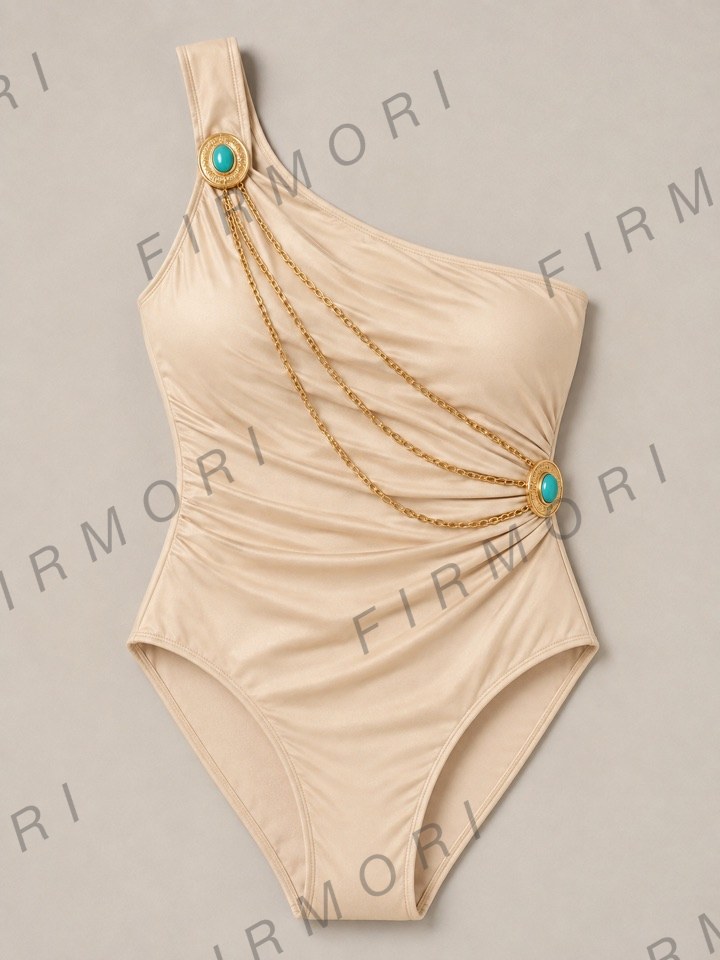 A sand one-shoulder swimsuit with gold chain swags and turquoise medallions, laid flat